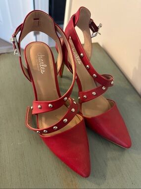 Charlies Red Pointed-Toe Studded Strappy Heels